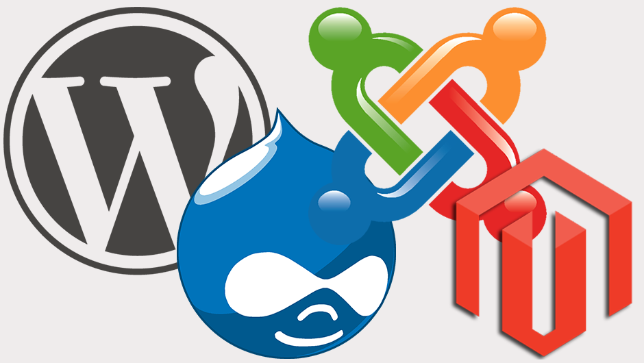 Icon logos for WordPress, Drupal, Joomla, and Magento